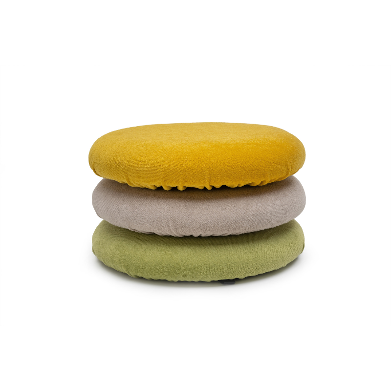 Seat cushions in yellow, grey and green